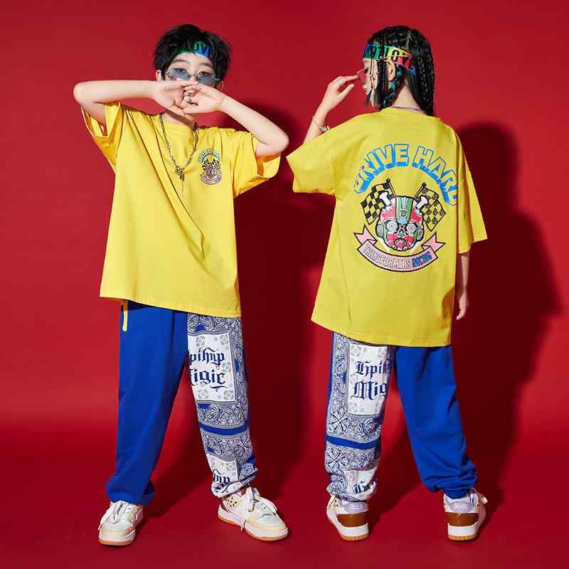 ダンスウェア キッズ 男女兼用 ストリートダンス ヒップホップ ゆったり ルーズ Tシャツ 半袖 長ズボン 綿素材 クール かっこいい おしゃれ セットアップ 発表会 ステージ衣装 ジュニア 男の子 女の子