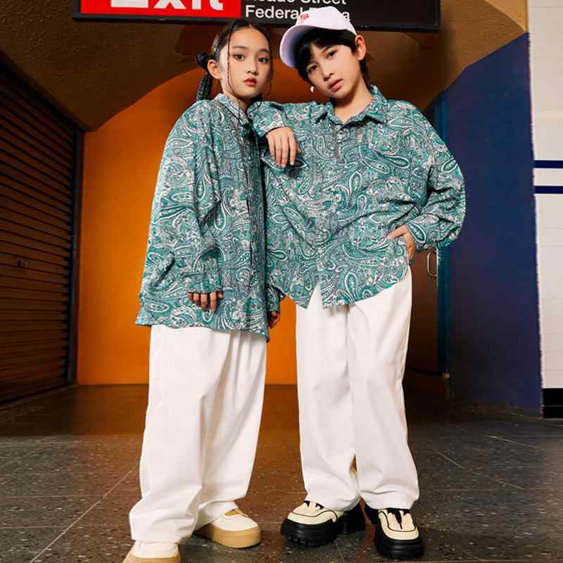 ダンス衣装 キッズ 男の子 女の子 ストリート ヒップホップ ジャズダンス クール かっこいい おしゃれ セットアップ 発表会 ステージ 演出 練習着 花柄シャツ 白 ストレートパンツ 春秋 ポリエステル素材画像