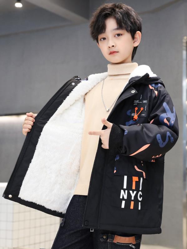 中綿ジャケット 男の子 ジュニア 裏起毛 裏ボア 厚手 フード付き ファスナー ハイネック 防寒 暖かい カジュアル おしゃれ かっこいい 韓国風 通学 冬物 アウター