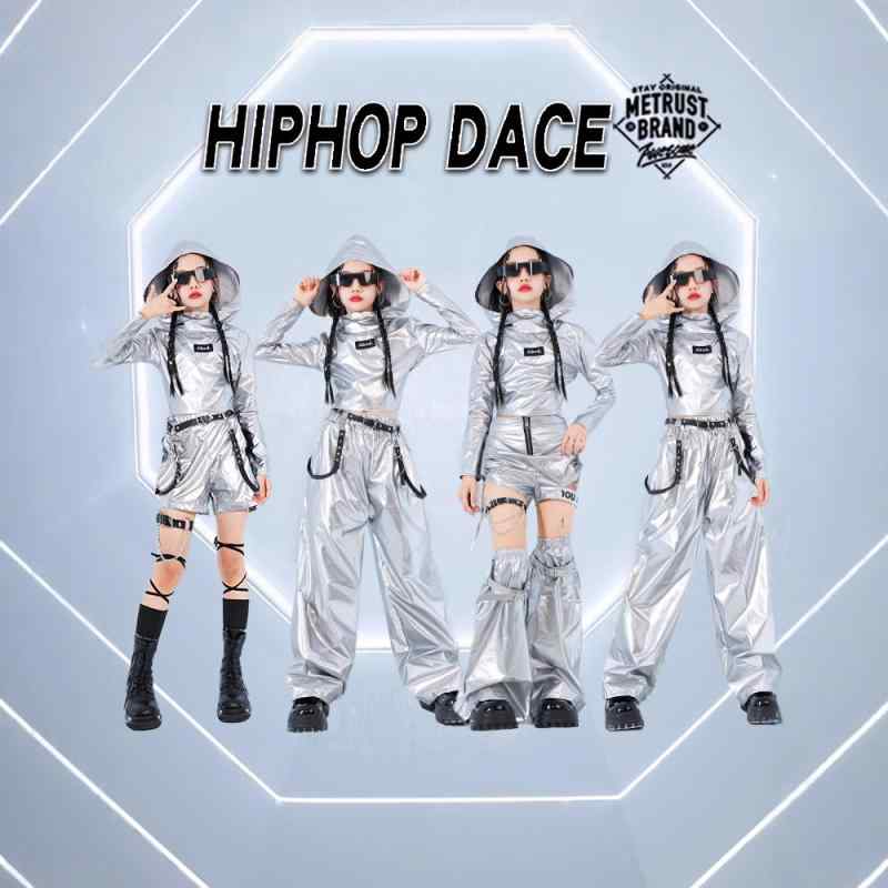 ダンス衣装 キッズ ガールズ ジャズ ストリート ヒップホップ ガールズグループ 発表会 ステージ シルバーメタリック 光沢 セットアップ 上下セット