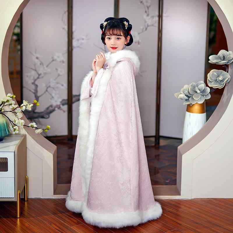 キッズ 女の子 ポンチョ ケープ 漢服風 チャイナ風 高級感 ロング丈 桜ピンク ファー襟 厚手 中綿入り 暖かい 防寒 お出かけ 晴れ着 花柄 プリンセス風 秋冬 麻混紡