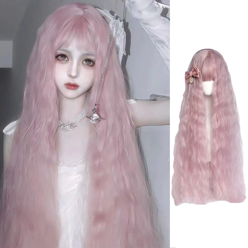 ウィッグ レディース ロングカール ピンク コスプレ ロリータファッション 水波ウェーブ ジグザグウェーブ 小顔効果 フェイスライン補正 ボリュームアップ 自然な風合い