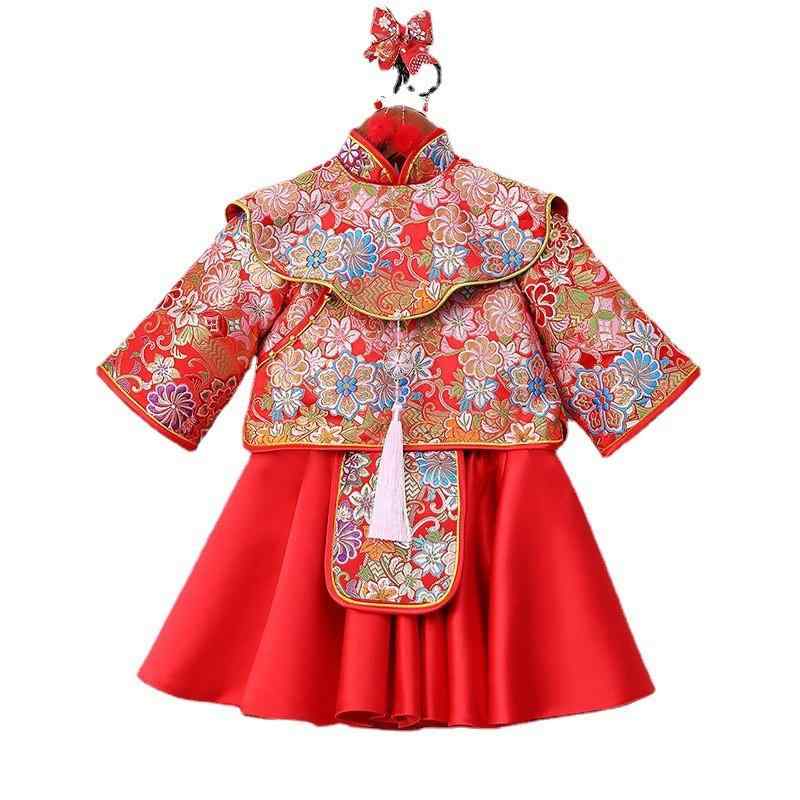 唐装 ベビー 女の子 キッズ 1歳 誕生日 初誕生 お祝い着 記念衣装 花柄 綿裏地 織錦 セパレート プリンセスドレス 漢服 中華風 秋