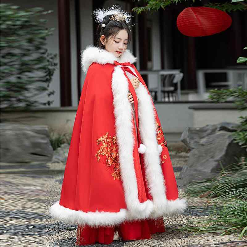 漢服 キッズ 女の子 厚手 防寒 秋冬 花柄 プリンセス ロング丈 マント ケープ ポンチョ ショール 中国風 古典衣装 お出かけ 羽織り アウター