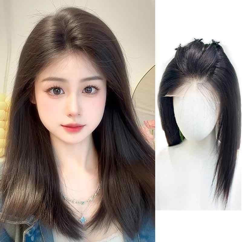 部分ウィッグ レディース 手植え インビジブルレース ネット不要 耐熱ファイバー ミディアムロング ストレート センターパート 前髪 ナチュラルブラック アッシュブラウン 自然 白髪隠し 薄毛隠し ヘアピース