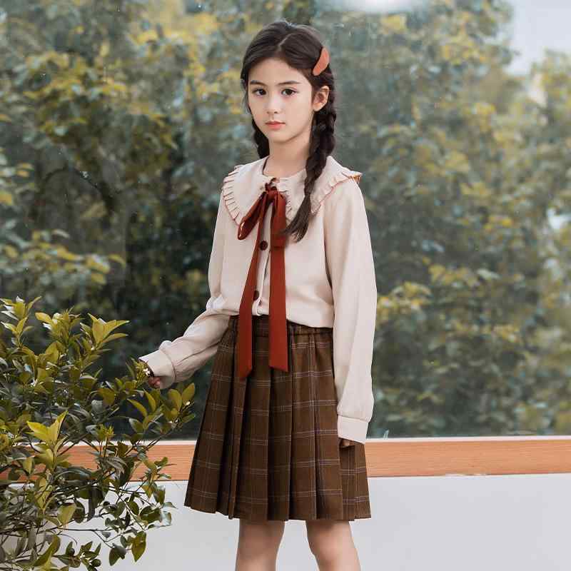 スカートセットアップ キッズ 女の子 中学生 小学生 JKスタイル 制服風 シャツ プリーツスカート 春秋 綿混素材 柔らかい フォーマル 入学式 卒業式 発表会 通学 2点セット