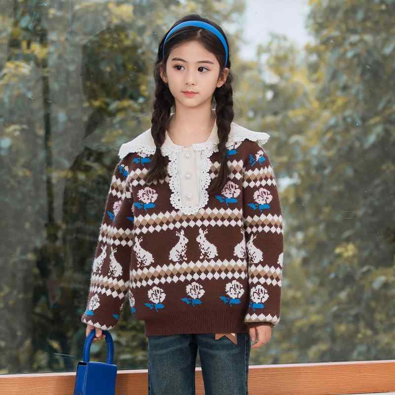 セーター ガールズ 小中学生向け 親子お揃い 秋冬 ゆったり 柔らか 厚手 かわいい うさぎ ジャガード プルオーバー 長袖 丸首 カジュアル アクリル 普段着 ブラウン