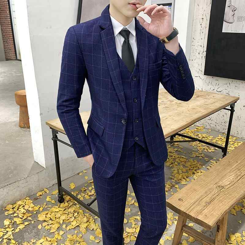 スーツジャケット メンズ スリムフィット オールシーズン スリーピース セット パンツ ベスト ビジネス フォーマル 通勤用 オフィスウェア 結婚式 二次会 パーティー チェック柄|セキュアデポ