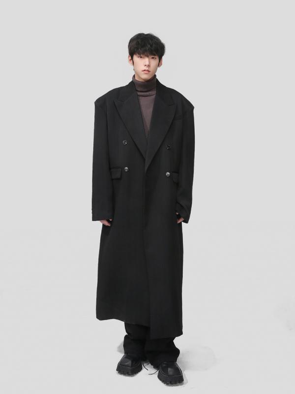 コート メンズ 秋冬 韓国ファッション 高級感 ダブルブレスト ゆったりシルエット シンプル カジュアル ロング丈 膝下丈 アウター デイリーユース おしゃれ ブラック グレー