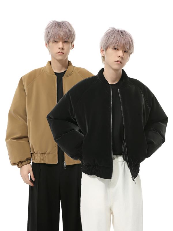 中綿ジャケット メンズ 冬 PUレザー 韓国風 シンプル 保温 防寒 暖かい 開襟 カーディガン風 ゆったり ルーズフィット カジュアル アウター 普段使い ブラック カーキ|セキュアデポ