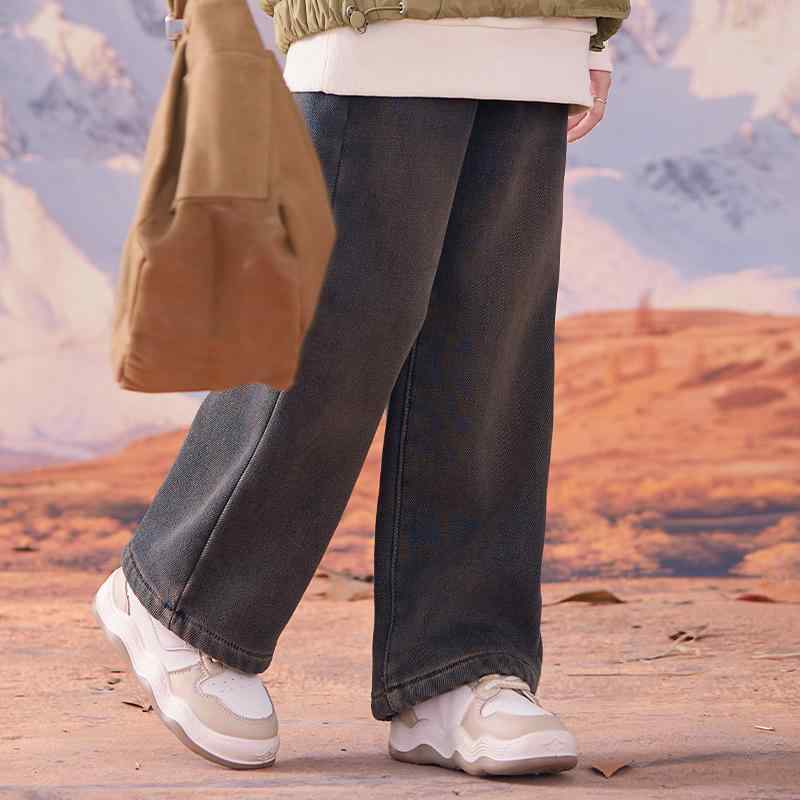 デニムパンツ 女の子 キッズ 裏起毛 秋冬 ワイド ストレート レトロ 着回し カジュアル 小学生 ウエストゴム 綿 やわらか素材 おしゃれ ブラック ロング