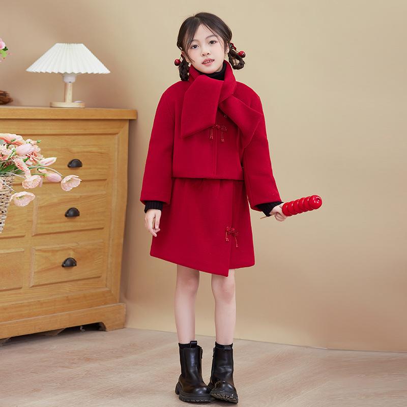 中綿入り 裏起毛 あったか 厚手 スカートセットアップ キッズ 女の子 中国風 中華風 チャイナドレス風 秋冬 レッド 赤 お正月衣装 民族衣装