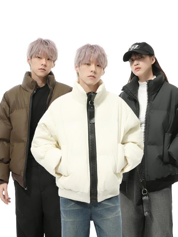 中綿ジャケット メンズ 秋冬 スタンドカラー PUレザー 厚手 保温 防寒 韓国風 トレンド カジュアル ジップアップ オーバーサイズ カップル デイリーユース|セキュアデポ