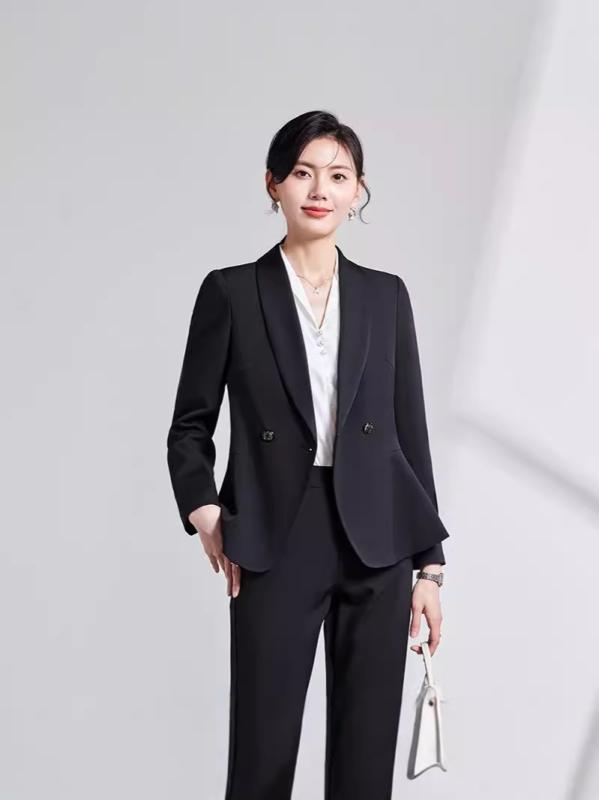 セットアップ レディース 長袖 高級感 ビジネススーツ ジャケット パンツ エレガント 上品 きれいめ 通勤 オフィス フォーマル 仕事用 制服 ホテル マネージャー 接客 秋冬 ブラック ネイビー ポリエステル混