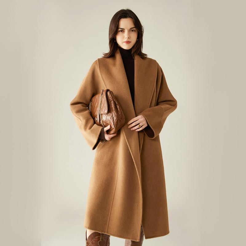 コート レディース ショールカラー ダブルフェイス キャメルウール混 ロング丈 厚手 ゆったり オーバーサイズ ベルト付き ポケット付き エレガント 通勤 保温 防寒 21,867円