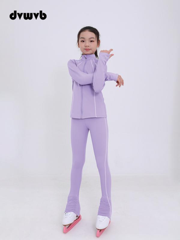 セットアップ キッズ 女の子 レディース ジュニア 保温 裏起毛 ストレッチ 長袖 ロングパンツ フィギュアスケート 練習着 発表会 演技用 スケートウェア 上下セット タロパープル
