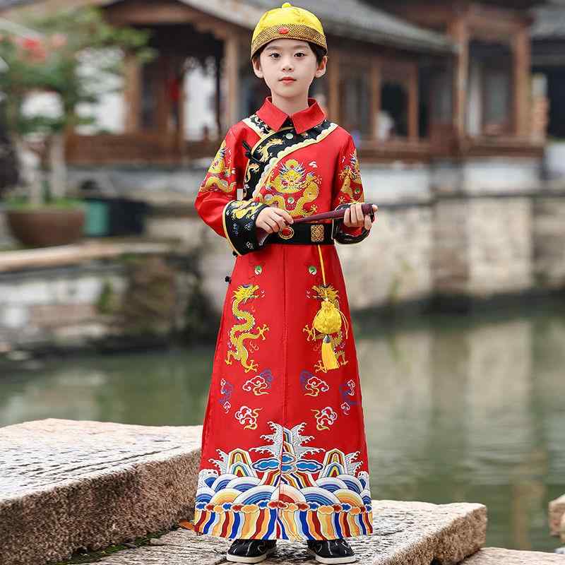 漢服 男の子 キッズ 子供服 清朝 満州 皇子 皇帝 龍紋 裏起毛 柔らかい肌触り ドラゴンローブ 演劇 舞台 イベント 学芸会 コスプレ