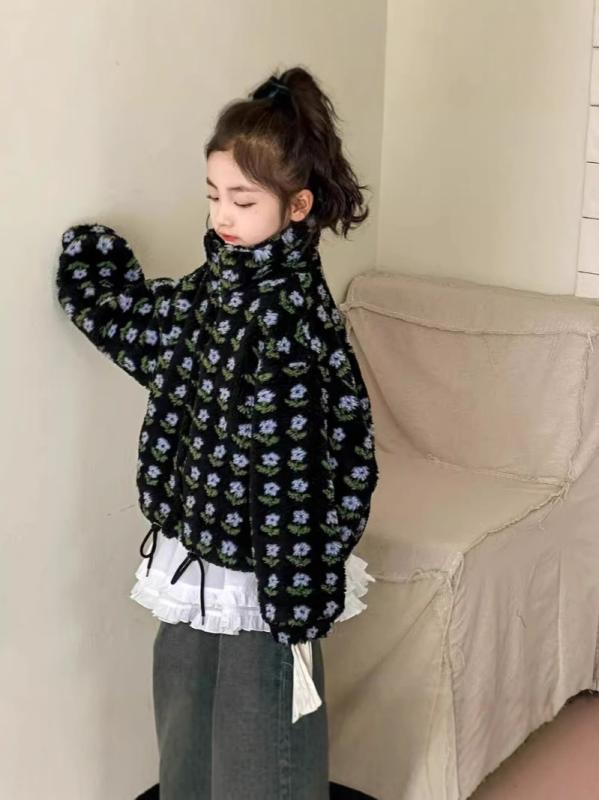 コート 女の子 ガールズ キッズ ジュニア 厚手 もこもこ ボア 花柄 暖かい 保温 防寒 ショート丈 通学 アウター ジャケット 秋冬 立ち襟 ジップアップ かわいい おしゃれ 韓国風 長袖 小学生