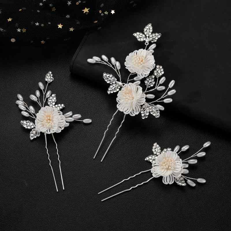 ヘアアクセサリー レディース 欧米風 ハンドメイド パール フラワー ツイストパール ウェディング ブライダル 結婚式 花嫁 パーティ お呼ばれ ヘアコーム ヘアピン 3点セット シルバー 髪飾り