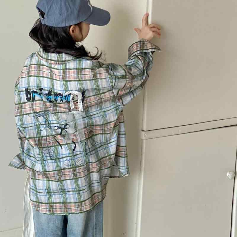 シャツ キッズ 女の子 ジュニア 綿100% コットン素材 柔らかい 肌触り 格子柄 チェック柄 親子コーデ カジュアル 長袖 春秋 羽織り ライトアウター ブルー系