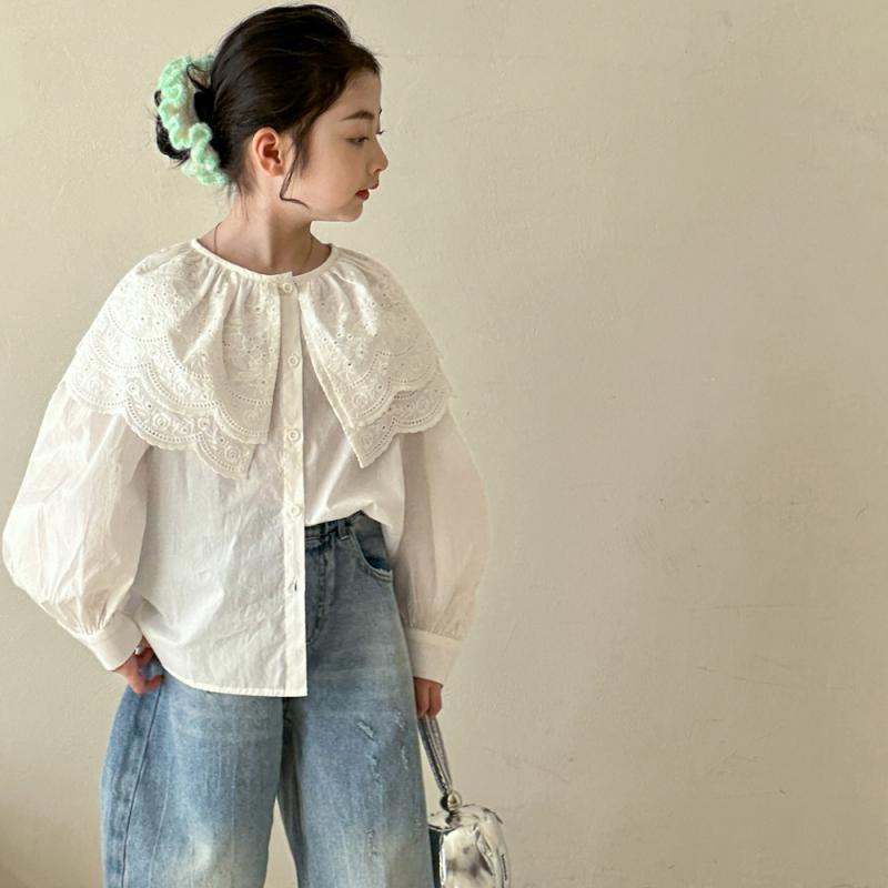 シャツ 女の子 キッズ 長袖 レース 襟付き 韓国風 コットン アイボリー 柔らかな着心地 かわいい プリンセス 春秋 トレンド 通園 通学 子供服