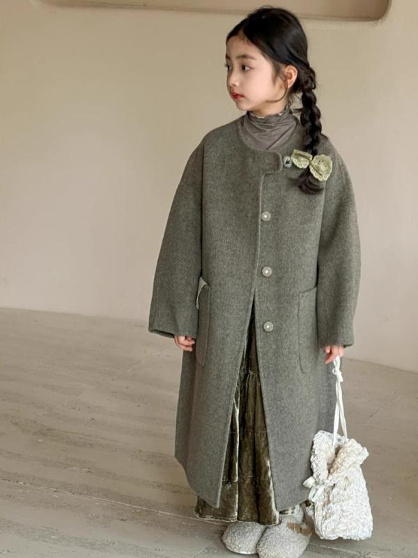 コート キッズ 女の子 ウールコート 秋冬 厚手 高級感 ミドル丈 ゆったり レトロ 無地 丸首 シングルボタン ジュニア 韓国風 おしゃれ