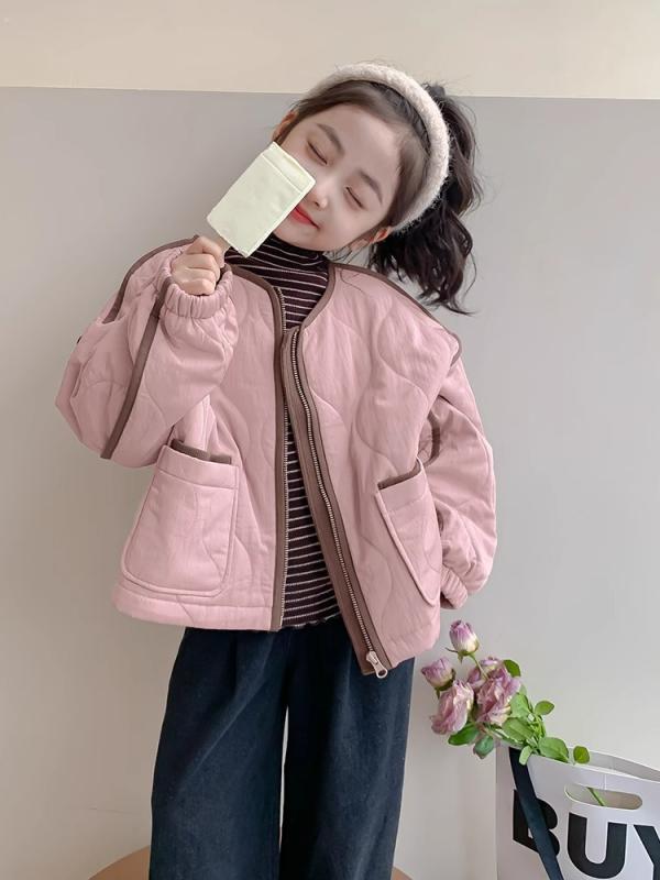 コート 女の子 キッズ 秋冬 キルティング 中綿入り 配色切り替え おしゃれ トレンド 韓国風 かわいい ショート丈 長袖 ジップアップ ピンク