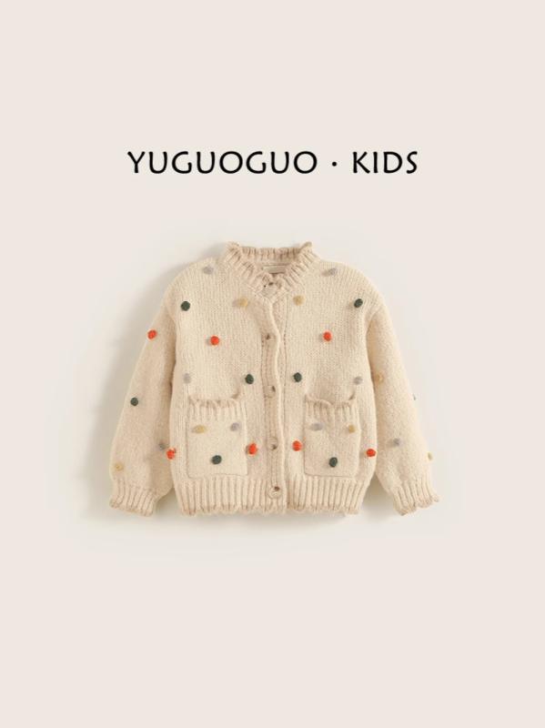 ニット カーディガン 女の子 子供 春 韓国ファッション おしゃれ かわいい 柔らかい肌触り ゆったり 長袖 アクリル 無地 ドット柄 ショート丈 羽織り 通学 普段着