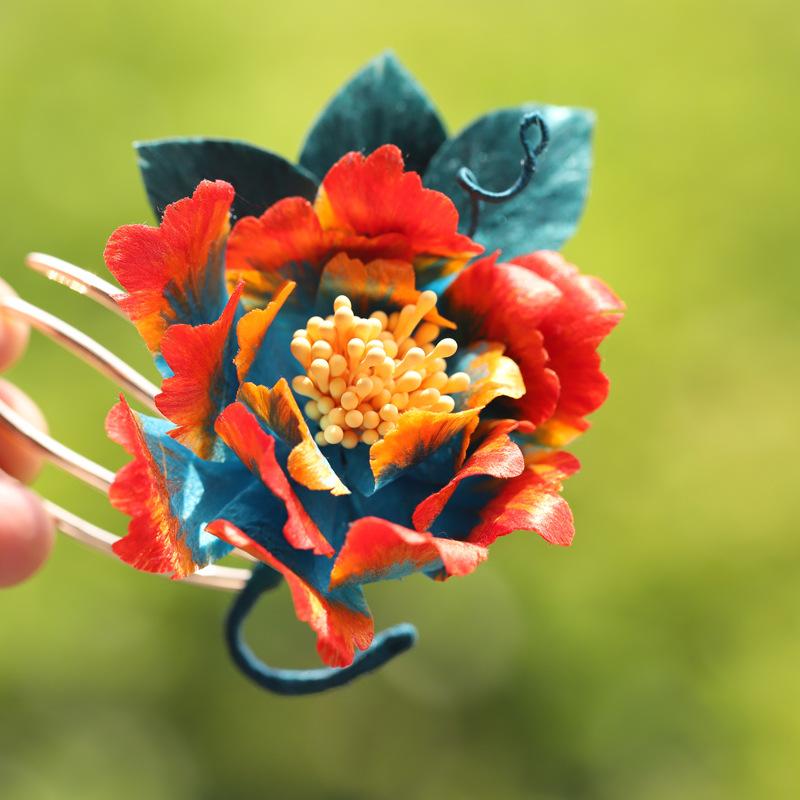 髪飾り レディース ヘアコーム 簪 ヘッドドレス ハンドメイド 牡丹 シルクベロア 花 青 オレンジ グラデーション 和装 漢服 チャイナドレス レトロ アンティーク