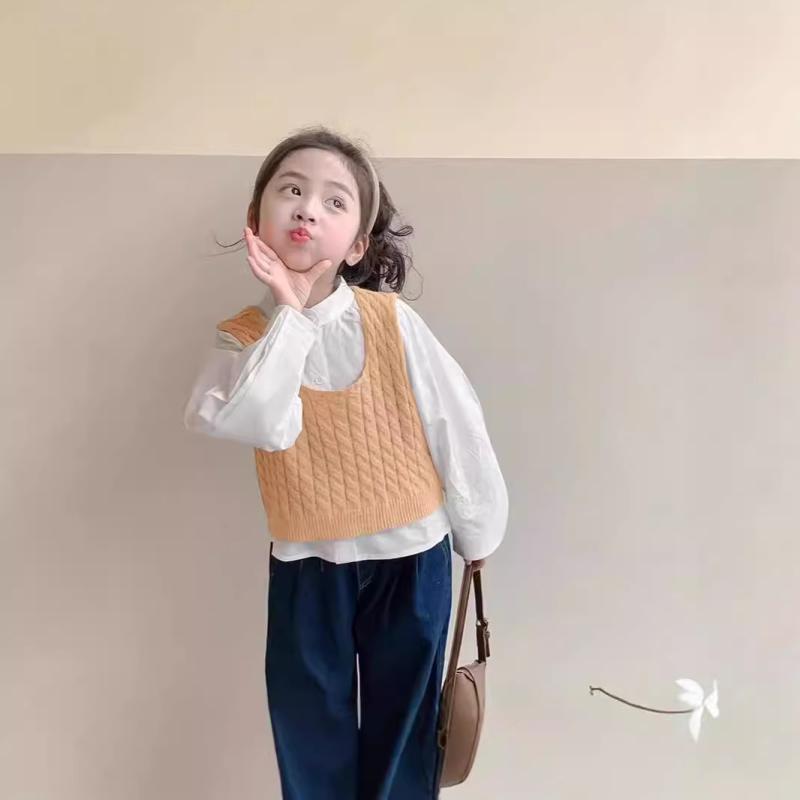 セットアップ キッズ 女の子 ベビー 子供服 韓国 オシャレ かわいい ニットベスト 長袖シャツ 2点セット 春秋 柔らかな肌触り 通園 通学 普段着