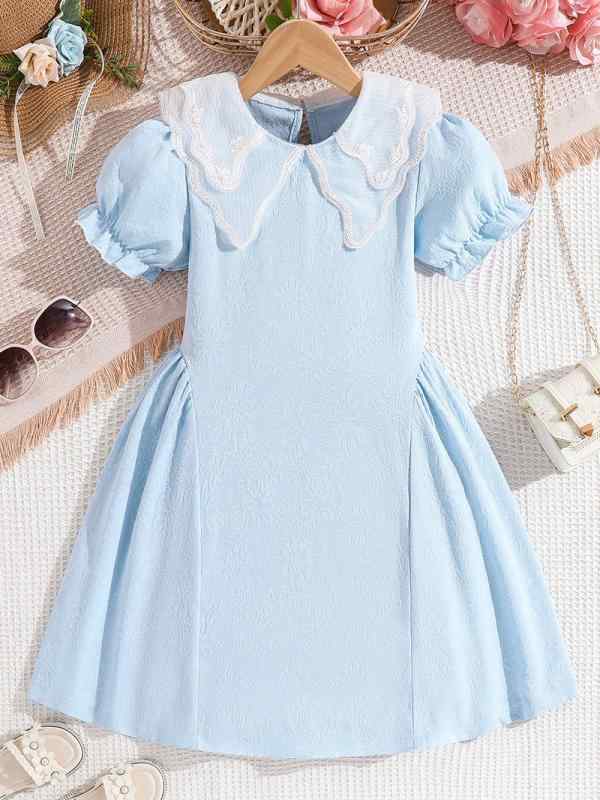 ワンピース 女の子 小学生 ジュニア 中大子供用 プリンセスドレス 上品 エレガント ウエストプリーツ ジャガード素材 ポリエステル サマー ライトブルー
