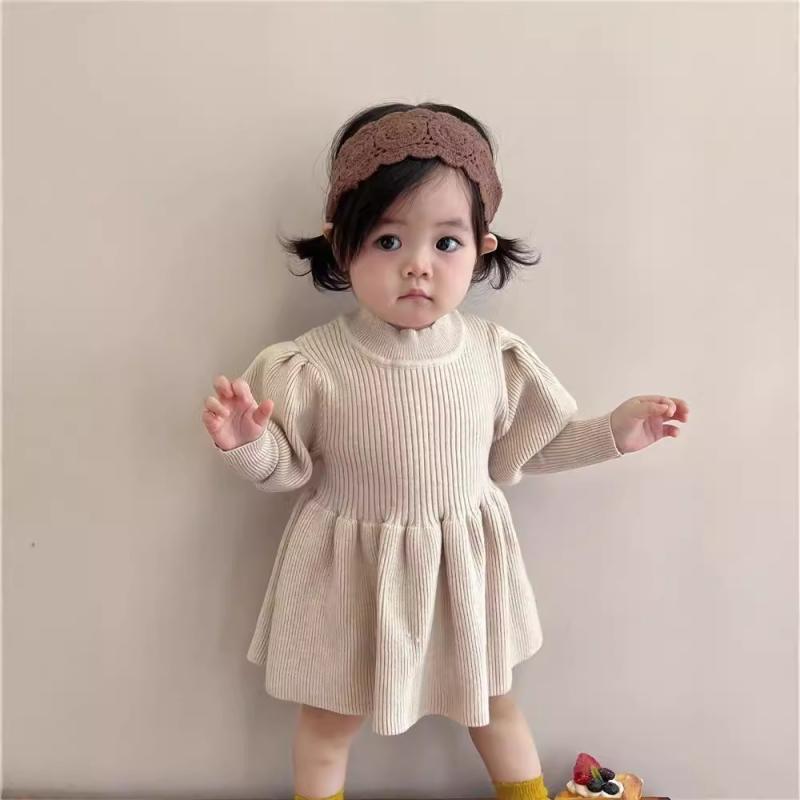 ワンピース 女の子 ベビー キッズ 子供服 秋冬 春物 ニット 厚手 長袖 切り替え 柔らか素材 プリンセス風 カジュアル 無地 綿 コットン ポリエステル ふわふわ 普段使い お出かけ ホワイト ワインレッド ブラウン