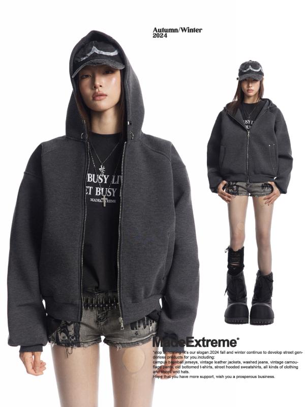パーカー ユニセックス MADEEXTREME 秋物 ボクシー オーバーサイズ ショート丈 ルーズフィット ベーシック 無地 フード付き ジップアップ カジュアル