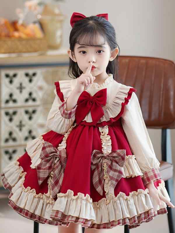 ワンピース 女の子 ベビー キッズ 子供 ロリータ プリンセスドレス 長袖 春秋 かわいい チェック柄 1歳 2歳 3歳 4歳 5歳 6歳 7歳 8歳 誕生日 発表会 結婚式 フォーマル お出かけ