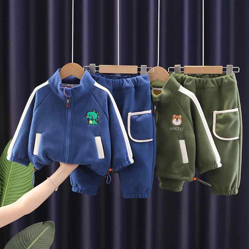 ベビー服 男の子 キッズ セットアップ 裏起毛 厚手 長袖 ジップアップ トレーナー パンツ 2点セット 秋冬 韓国風 おしゃれ キャラクター柄 切り替え 綿混 ポリエステル 股スナップ 80 90 100 110 120cm