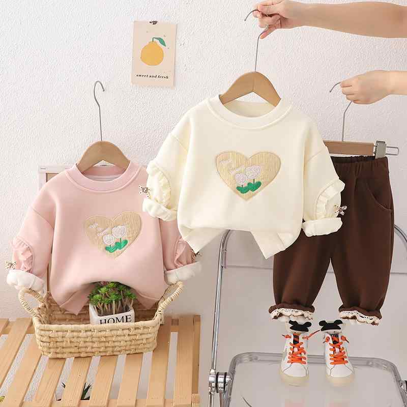 ベビー服 女の子 秋冬 裏起毛 厚手 長袖 ロングパンツ セットアップ 2点セット かわいい シンプル 綿混素材 着回し お出かけ 普段着 部屋着 赤ちゃん服