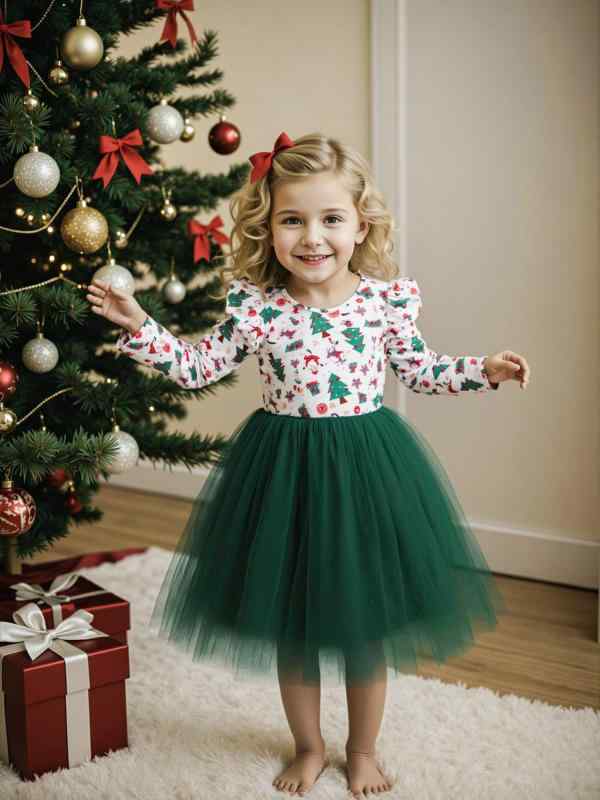 ワンピース 女の子 キッズ 子供服 秋冬 クリスマス イベント 長袖 チュール メッシュ プリンセス Aライン クリスマスツリー柄 ソフトな肌触り ポリエステル 発表会 パーティー レッド グリーン 100cm 110cm 120cm 130cm 140