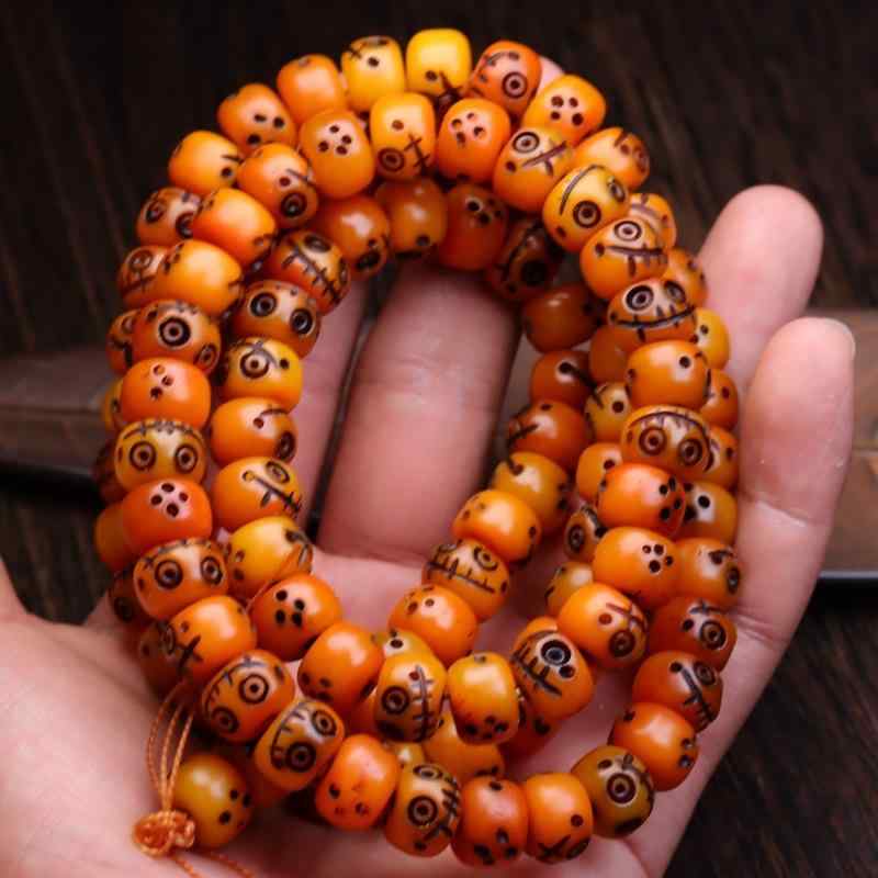 数珠 チベットスタイル ヤク骨 彫刻 個性的なスカル バレルビーズ 108玉 ブレスレット ロングネックレス ペンダント お守り 開運 魔除け ユニセックス アンティーク調 DIY 手作り 骨彫刻