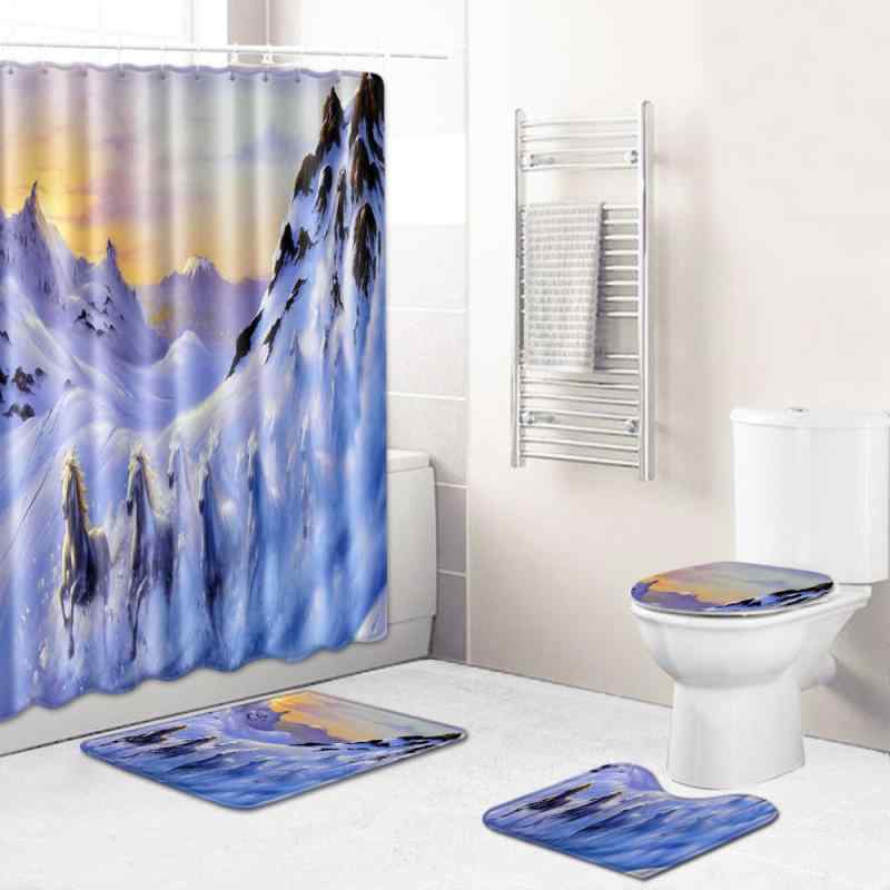 バスルーム 欧米スタイル 吸水 速乾 滑り止め加工 シャワーカーテン トイレマット バスマット フロアマット リビングラグ 多用途 4点セット ポリエステル製 洗濯可能