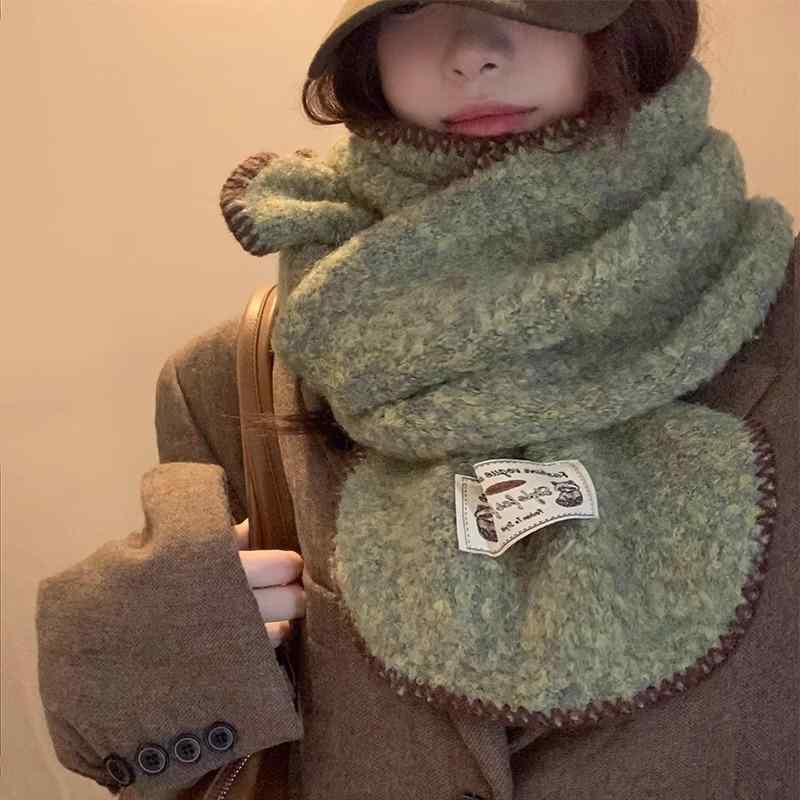 マフラー レディース 厚手 保温 ネックウォーマー ふわふわ もちもち カシミヤタッチ グリーン ニット 編み込み 秋冬 暖かい 首元 保護 万能 上品 トレンド