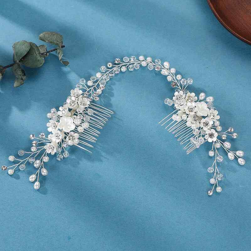 ヘアアクセサリー レディース 淡水パール 手作り 結婚式 花嫁 ウェディング カチューシャ ヘアバンド ヘアコーム ナチュラル 田園風 フラワー 白クリスタル ラインストーン ボヘミアン シンプル シルバー 春夏