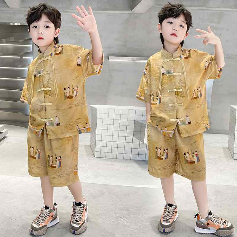 キッズ 男の子 薄手 綿混素材 柔らかい肌触り 上下セット ツーピース 漢服 唐装 中国風 中華風 民族衣装 飾りボタン 夏物 カジュアル 普段着 小中学生 ジュニア