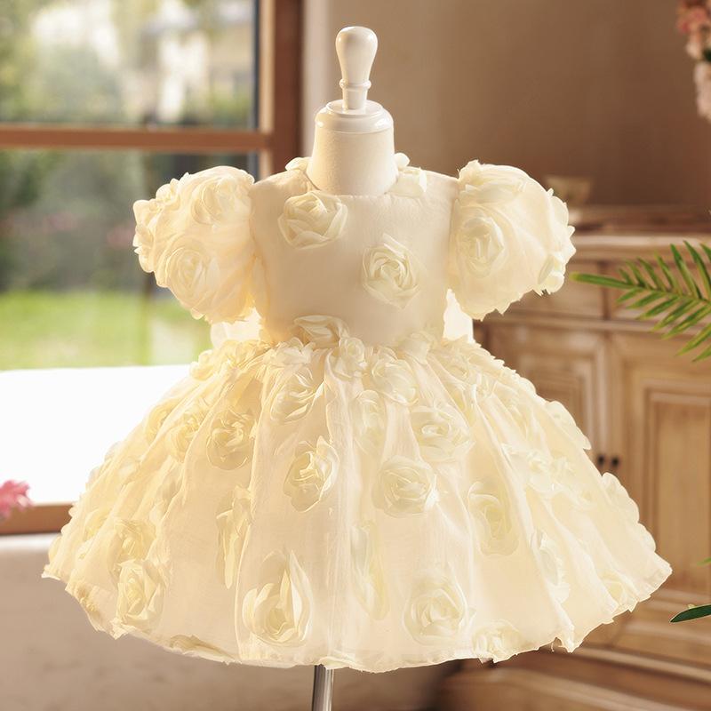 ドレス キッズ 女の子 上品 高級感 シャンパンカラー 立体フラワー プリンセス フォーマル ロングワンピース 結婚式 発表会 誕生日 パーティー 七五三 演奏会 フラワーガール オールシーズン対応