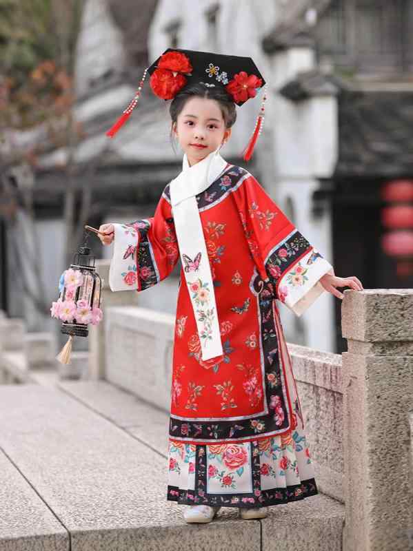 チャイナドレス 女の子 キッズ 清朝 宮廷 満族 プリンセス 仮装 コスチューム 花柄 中国風 ポリエステル オールシーズン 撮影用 衣装 セット レッド ピンク