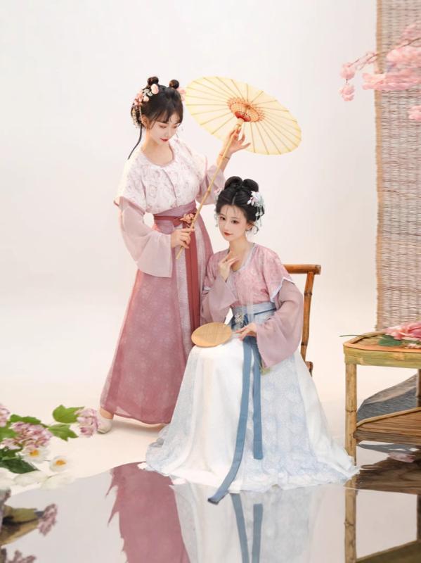 漢服 レディース 唐時代風 セットアップ ポリエステル素材 プリント柄 唐・槿子 丸首ブラウス ハイウエスト 八破スカート ストレートスリーブ 春夏 オールシーズン 普段着