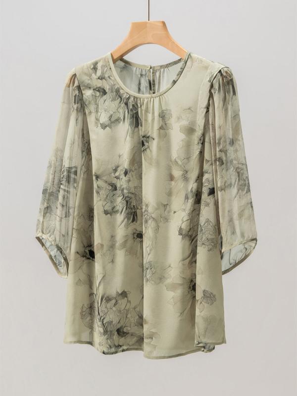 Tシャツ レディース 着痩せ効果 スタイルアップ 桑蚕シルク 七分袖 ラウンドネック 花柄 ボタニカルプリント フレンチテイスト 上品 エレガント ゆるシルエット 通勤 オフィス 春夏 トップス|セキュアデポ