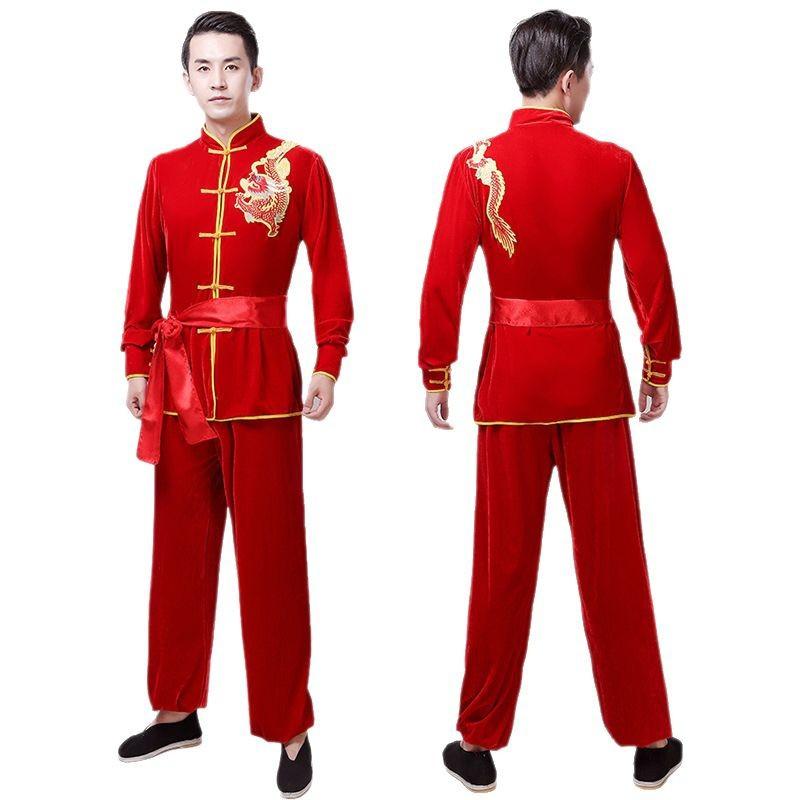 武術服 メンズ 男性用 民族風 太鼓 龍舞 獅子舞 舞台衣装 太極拳服 稽古着 練習着 チャイナレッド 赤色 ポリエステル素材 軽量 通気性 演武 発表会 イベント パフォーマンス