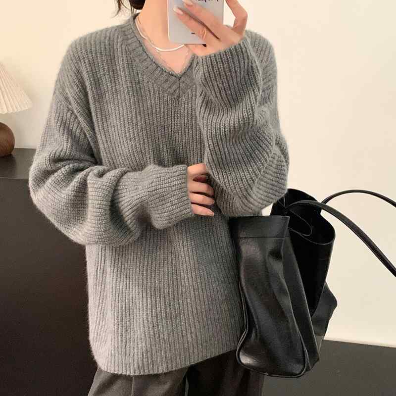 ニット レディース 高級感 ラクーンウール 羊毛 Vネック プルオーバー 厚手 長袖 ゆったり ドロップショルダー リラックス もっちり トップス 秋冬 カジュアル 部屋着
