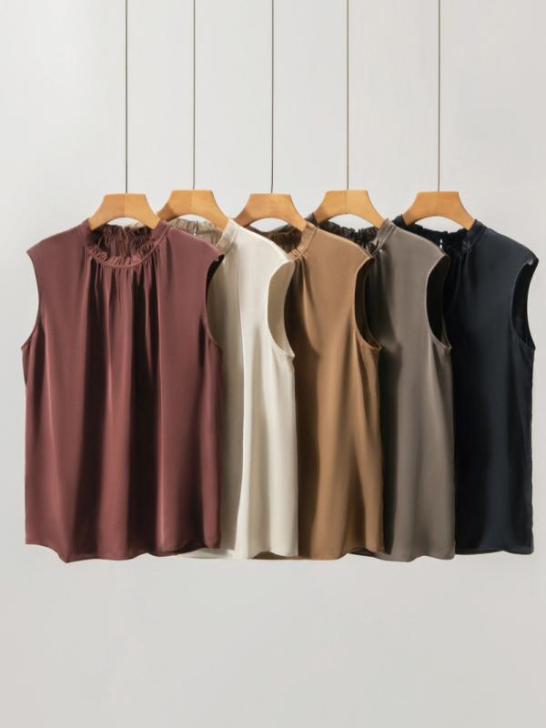 Tシャツ レディース ノースリーブ 桑蚕シルク サテン 接触冷感 吸汗速乾 通勤用 フリル ミドル丈 上品 きれいめ トップス レッドブラウン ブラック｜セキュアデポ