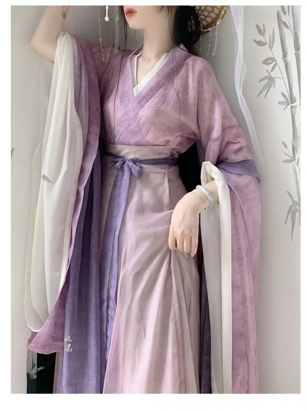 漢服 レディース 広袖 八破スカート 魏晋風 南北朝 中国風 古装 グラデーション シフォン ポリエステル 刺繍 ドレス オールシーズン